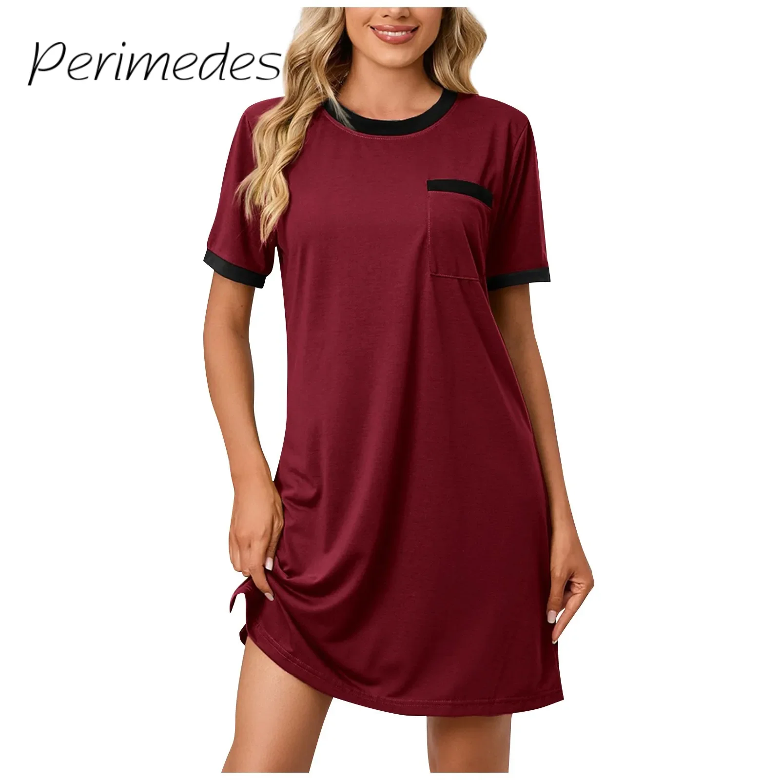 

Fashionable Women'S Dress Chest Pocket Casual Comfortable Dress 2024 Summer Loose Fit Solid Color Stylish Round Neck Dress