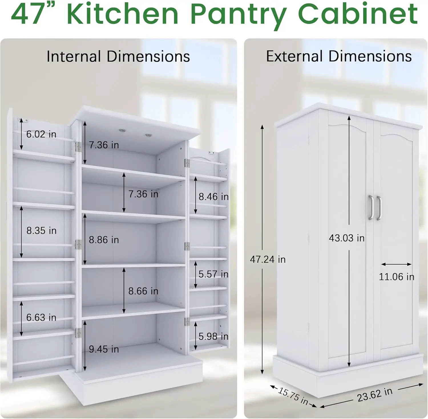 47” Kitchen Pantry Cabinet, White Freestanding Buffet Cupboards Sideboard with Doors & Adjustable Shelves Kitchen Pantry Storage