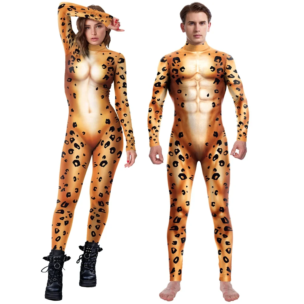 Halloween Purim Carnaval Cosplay Dier Vrouwen Lange Mouw Jumpsuit Luipaard Patroon Bodysuits Zentai Bodysuit Verkleden Outfits