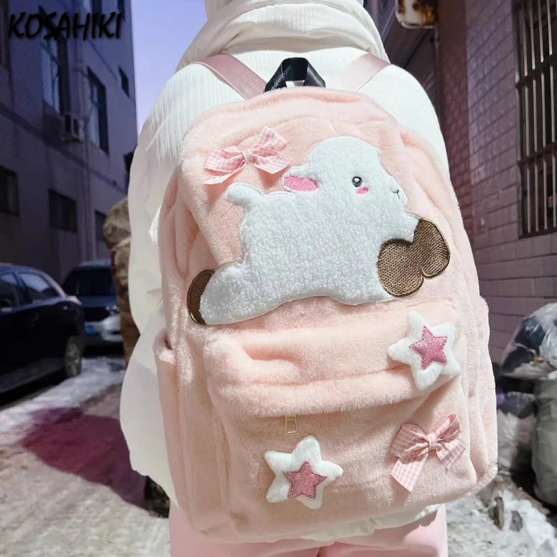 Y2k Sweet Fluffy Pink Girls Backpack Cartoon Cute Sheep Star Bow Backpacks Women Students Kawaii Casual Fashion Chic Schoolbags