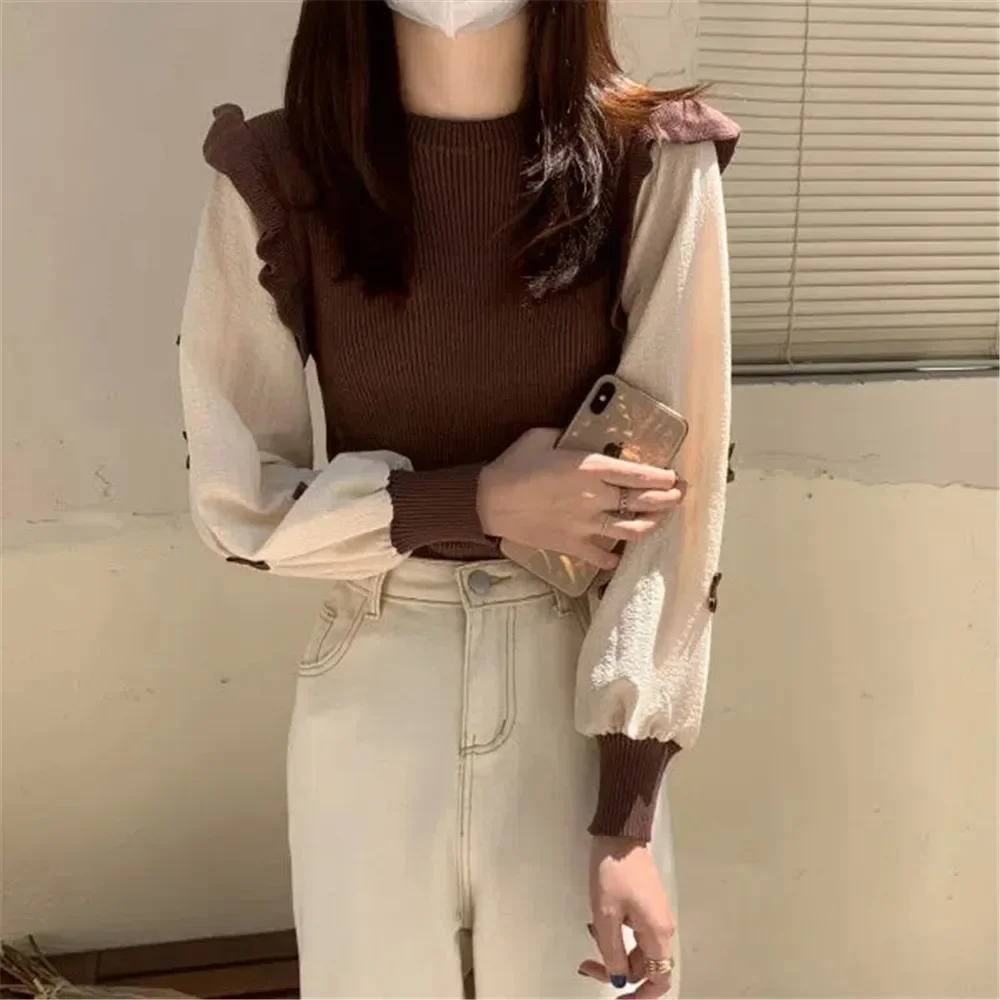 Vintage Patchwork Ruffles Knitted Sweater Women Brown Sweet Bow O-Neck Pullover Korean Black Students Preppy Lantern Sleeve Top