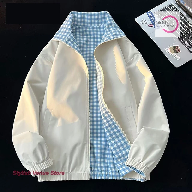 

American style fashion retro two-sided plaid jacket jacket women's spring and autumn new casual lapel wide coat loose Joker.