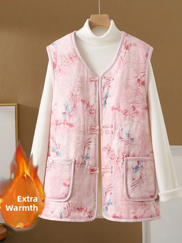 Colete feminino forrado com fce, quente, botão, artístico, retrô, estampa floral, v-ne, roupa externa interna