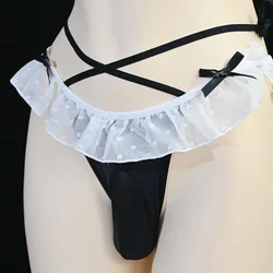 Sissy Pouch Panties Japanese Lolita Maid Club Men Lingerie Sexy Hollow Thin Straps G-String Male Mid Waist T-Back Thong Ruffles