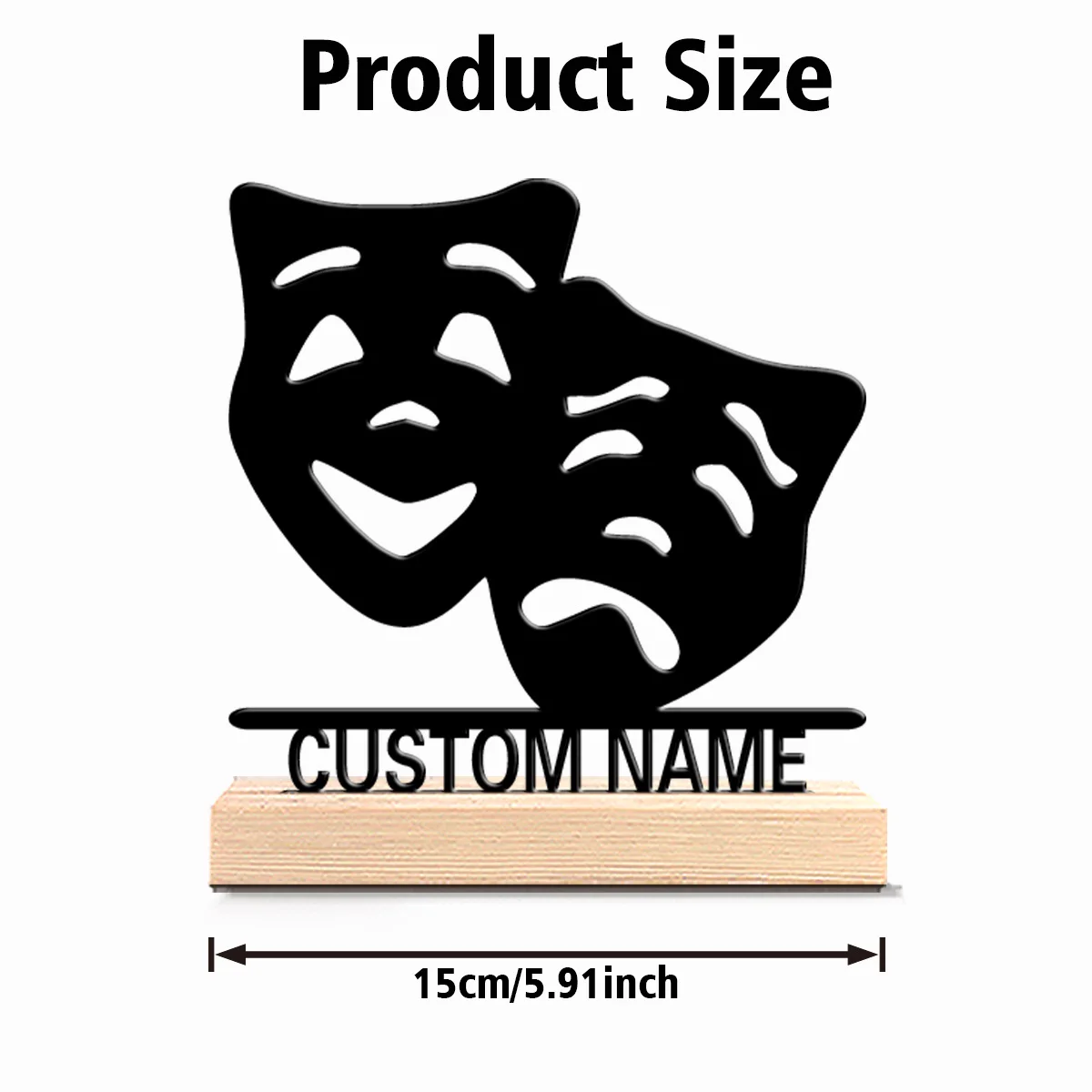 1pc Fun Personalized Custom the mask of joy and sorrow Metal Statues With Wooden Base Tabletop Decoration Wooden Frame Wall Deco