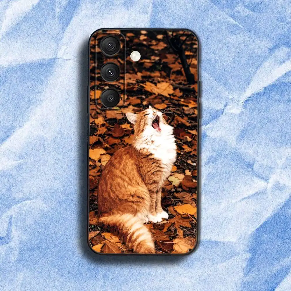 A-Autumn L-leaves cat 電話ケース Samsung S 25、24、23、22、30、21、10、9、ウルトラ、プラス、ライト、FE、4、5G ブラックソフトケース