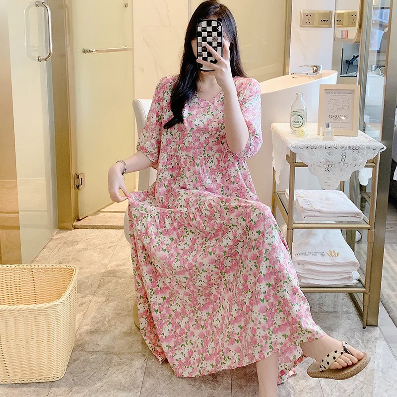 Summer Woman Viscose Nightgown Oversized Women Nightdress Short Sleeve Floral Print Nightgowns Sweet Casual Sleepwear Sleepdress