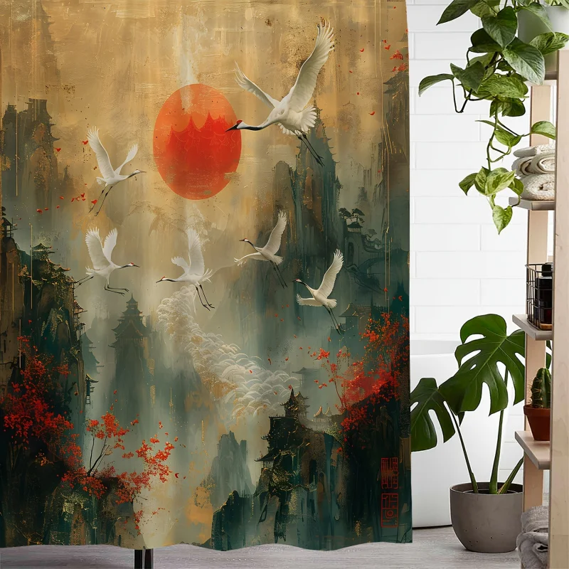 Water-Resistant Polyester Shower Curtain with Chinese Landscape Print, Machine Washable, Includes Hooks, Woven Arts Themed Bathr