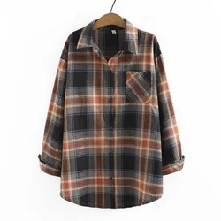 Womens Plus Size Shirts Casual Clothing Autumn Winter Contrast Color Plaid Vintage Casual Long Sleeve Cotton Blouses