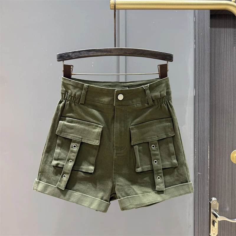 Three dimensional pocket design cargo denim shorts women's autumn new slim and spicy girl high waist A-line wide leg pants