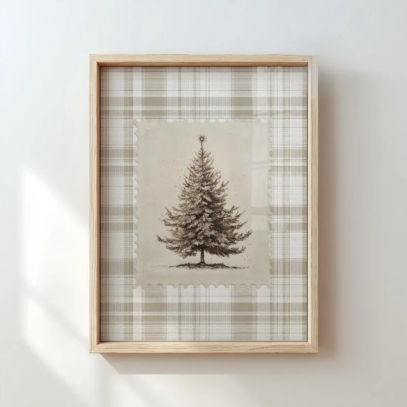 Vintage Stamp Christmas Tree Canvas Wall Art Beige Farmhouse Xmas Art Rustic Winter Home Wall Print Unframed Canvas Poster