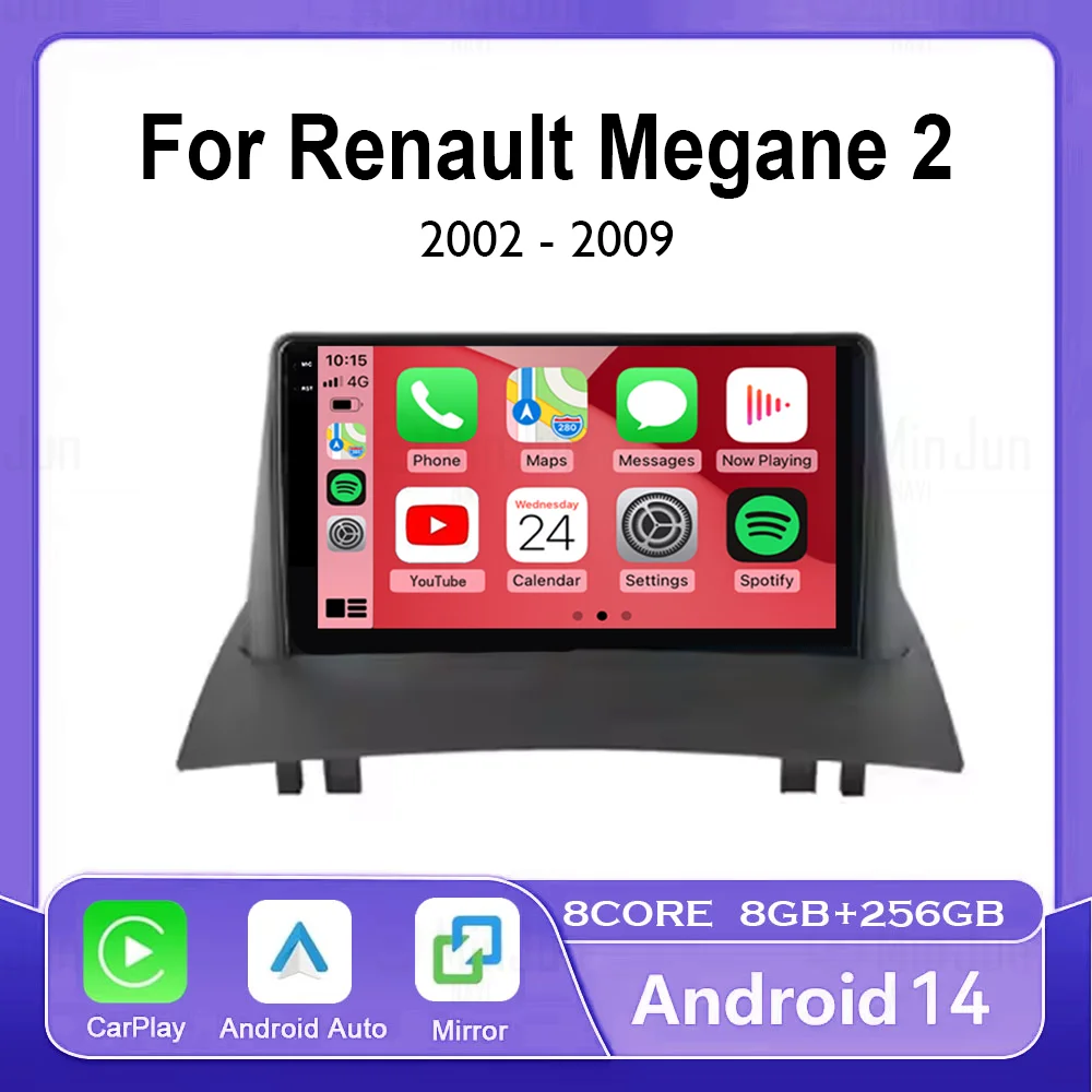 

9-дюймовый Android 14 для Renault Megane 2 2002-2009 QLED сенсорный экран автомобильный плеер радио мультимедийный GPS-навигатор Carplay авто видео