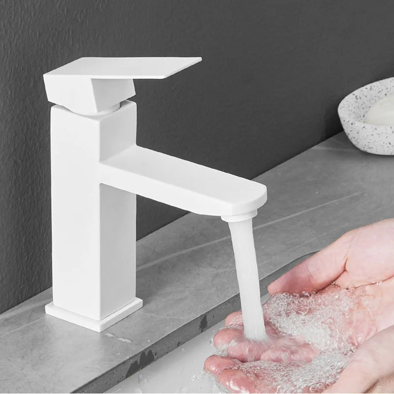 

White 304 Stainless Steel Bathroom Basin Faucet Deck Mounted Single Handle Hot And Cold Mixed Water Wash Basin Faucet