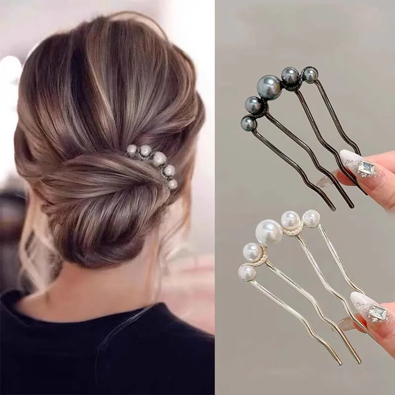 Koreańskie spinki do włosów w kształcie litery U dla kobiet Eleganckie metalowe widelce Vintage perłowe spinki do włosów Narzędzia do stylizacji włosów Prezenty