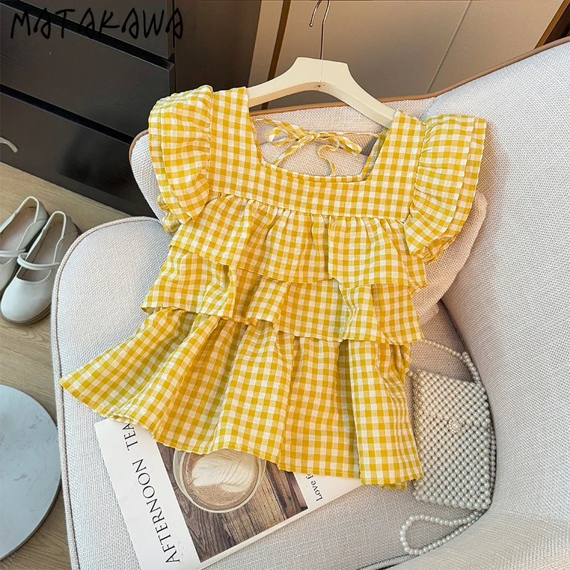

Matakawa Sweet Ruffles Blouses Square Neck Plaid Spring Summer Cute Women Shirts Korean Fashion Flying Sleeve Blusas Mujer