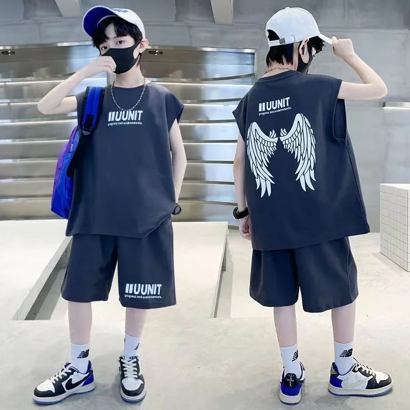 Fashion Boys Clothes Summer Sleeveless Vest & Loose Shorts 2 Pieces Set Teenage Boy Sport Tracksuit Angel Wings Print Outfit