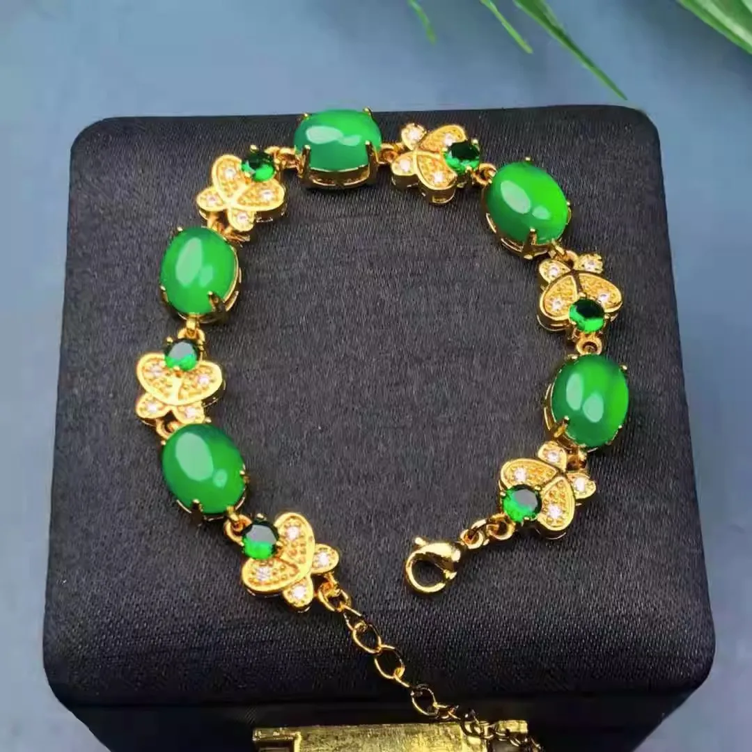 Natural High Ice Emerald Chalcedony egg face inlaid bracelet women's simple butterfly green agate bracelet