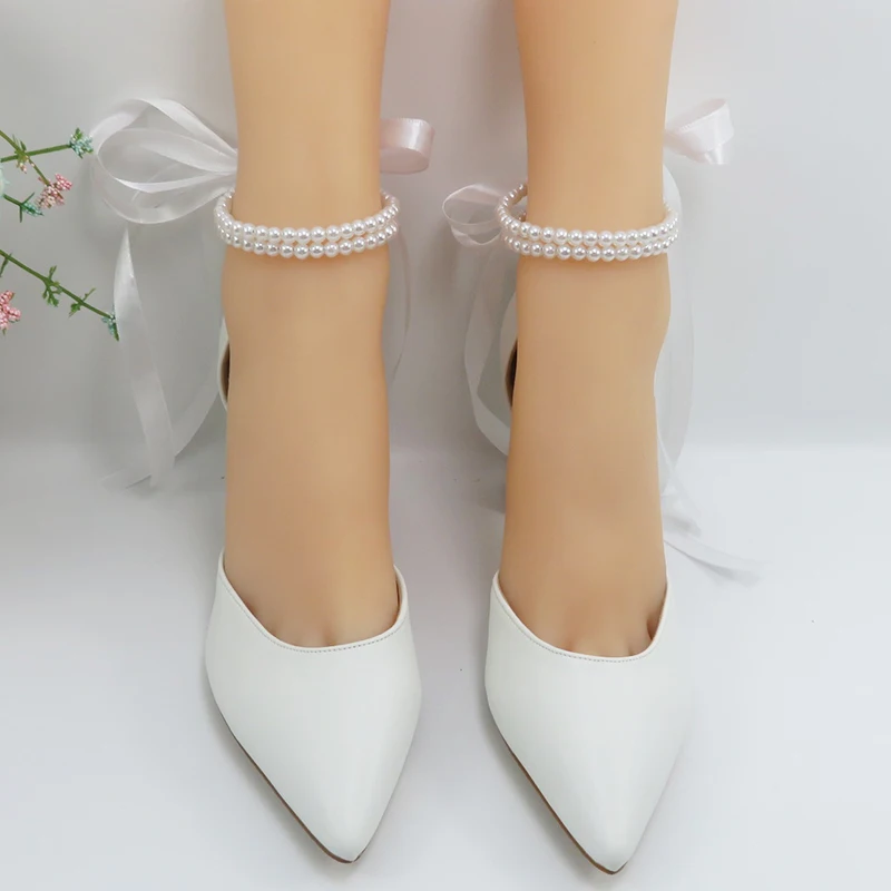 2024 Women's  White Pearl Wedding Shoes Bridal Women's High Ankle Lace up Shoes Fashion Pointed Party Dress Shoes Lace u