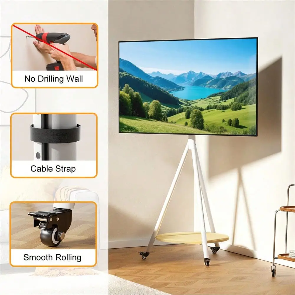 Mid Century TV Floor Stand For 40 75 Corner TV Stand With Wheels Round Shelf Height Adjustable Rolling TV Mount Tripod Base, Ma - view 5