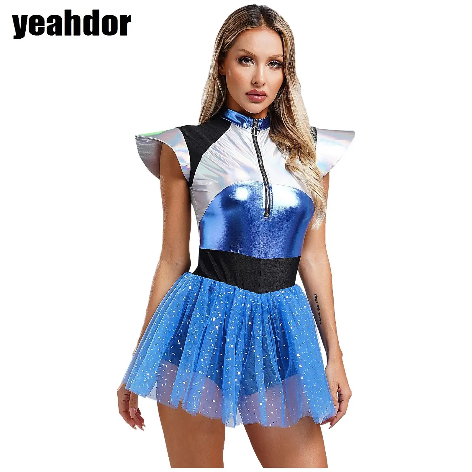 

Women Alien Astronaut Costume Metallic Cap Sleeve Sequin Tutu Dance Dress Halloween Outerspace Robot Cosplay Future World Party