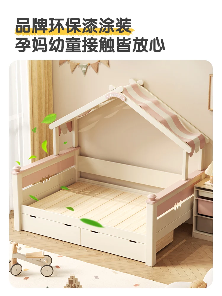 

Customizable princess bed 1.5m wooden house bed with guardrail household single
