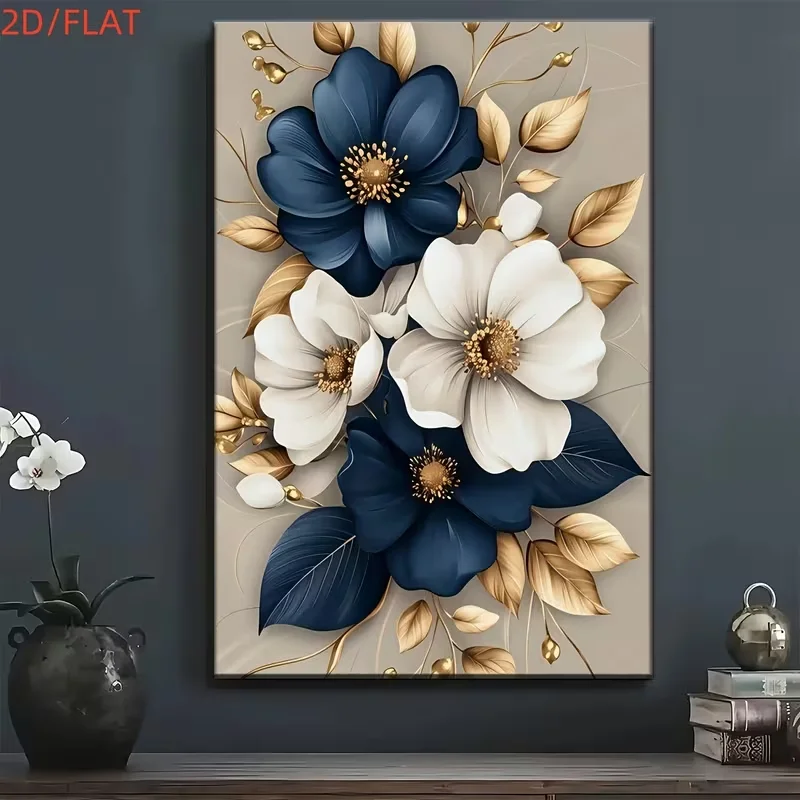 Póster Impreso en Lienzo con Diseño 2D Plano de un Elegante Ramo de Flores Blancas y Azul Marino con Hojas Doradas, Decoración Moderna para Pared