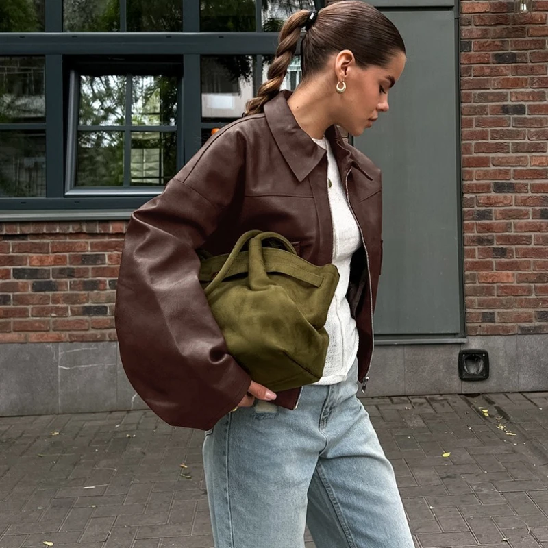 TARUXY Vintage Zipper PU Leather Jacket Women's Fashion Turn-Down Loose Long Sleeve Spliced Pocket Solid Coat Autumn Street Coat