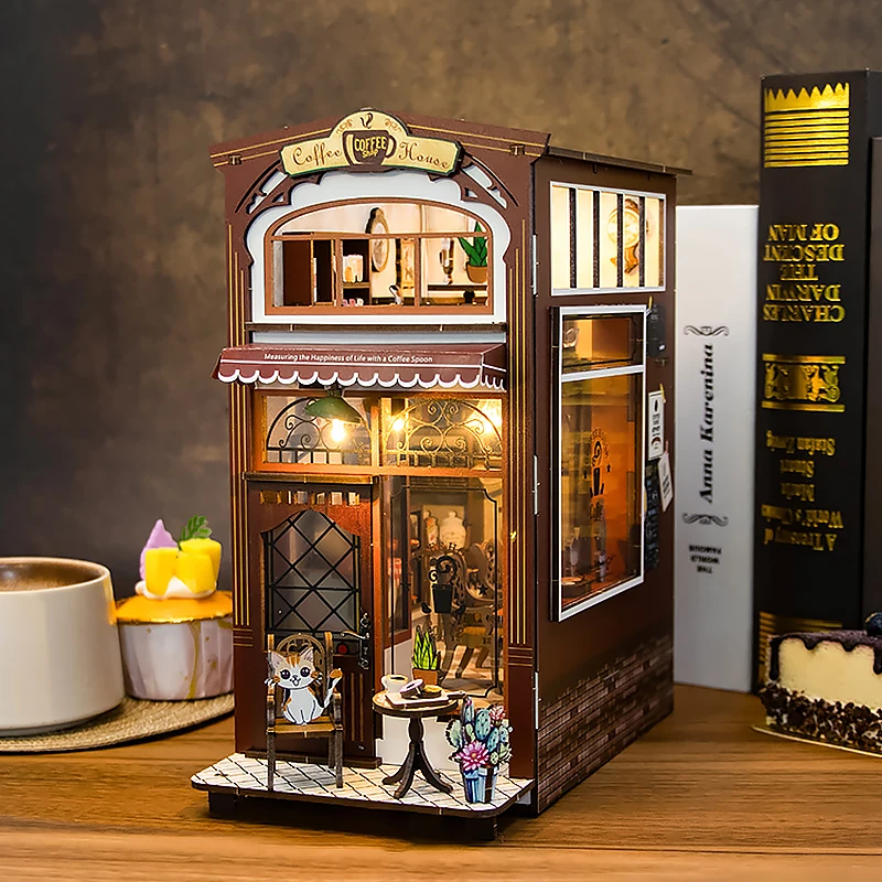 DIY Book Nook Kit Shelf Insert Miniature Dollhouse 3D Puzzle Assembly Model Building Bookend Toys With LED Light Bookshelfv Gift