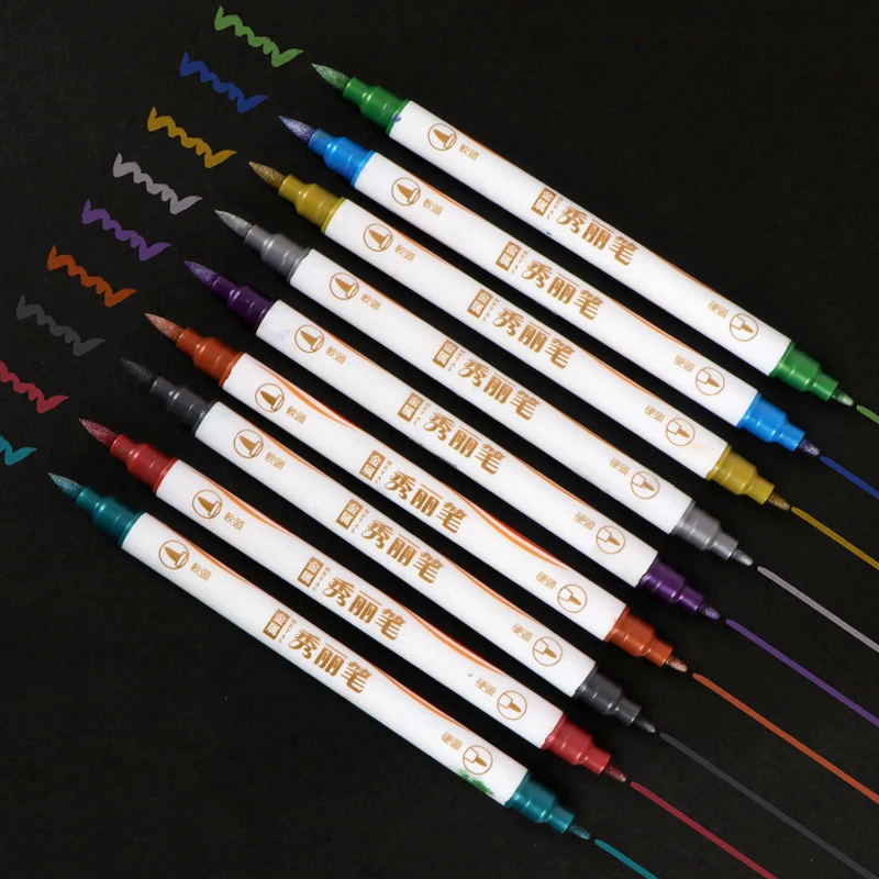 

10 Colours/Set Fine Tip Brush Pen Metal Dual Tip Marker Suitable For Black Paper, Calligraphy, Art Pen, Painting And Drawing