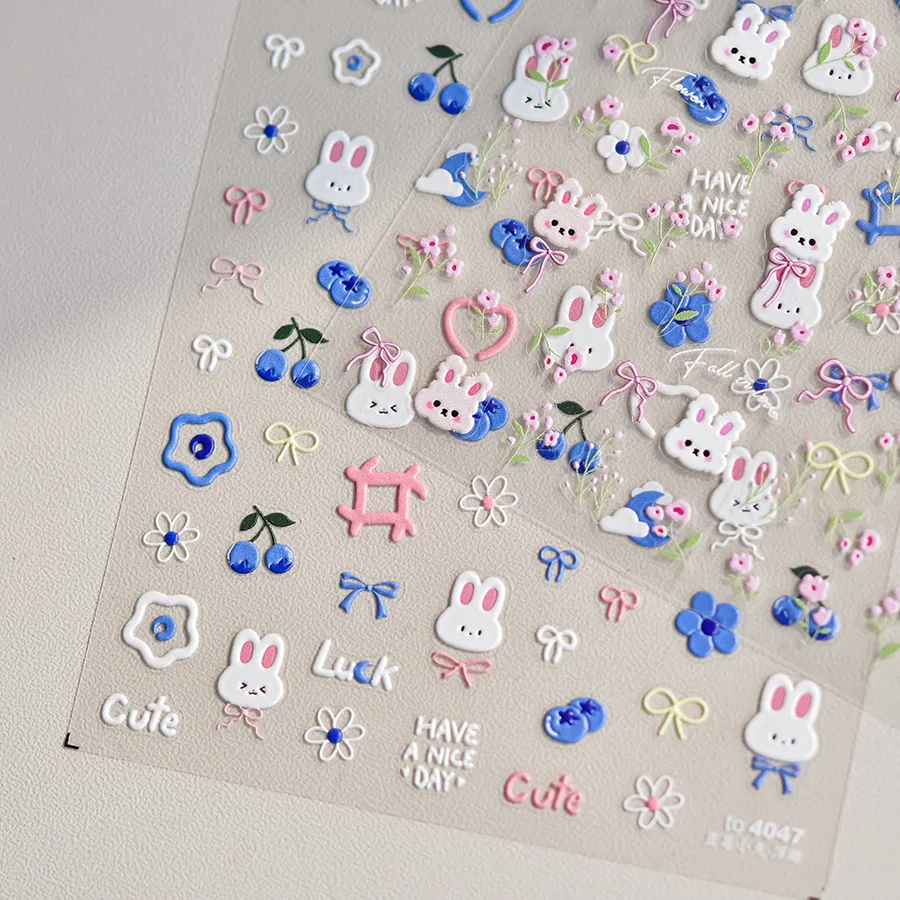 1pcs 5D Kawaii Rabbit Nail Stickers Japanese Japanese Cartoon Pink Blue Flower Adhesive Nail Art Decorations Decals Slider DIY