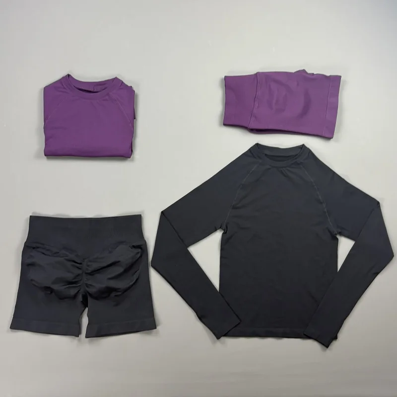 2 Piece Gym Set Women Raglan Long Sleeve Crew Neck Top Scrunch Butt Biker Shorts Stretch Soft Solid Yoga Pilates Athletic Outfit