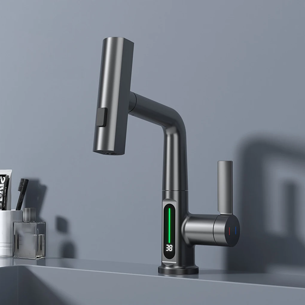 

Zinc Alloy Pull-Out Basin Faucet Easy Installation And 3 Water Flow Modes Liftable And 360° Rotation