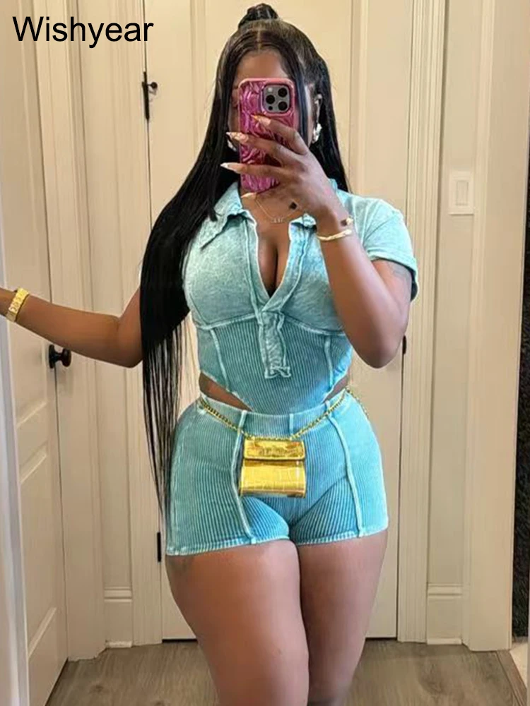 Summer Green Two 2 Pieces Women‘s Set Lapel Collar Short Sleeve Crop Top and Shorts Beach Club Outfits Fitness Slim Sportswear