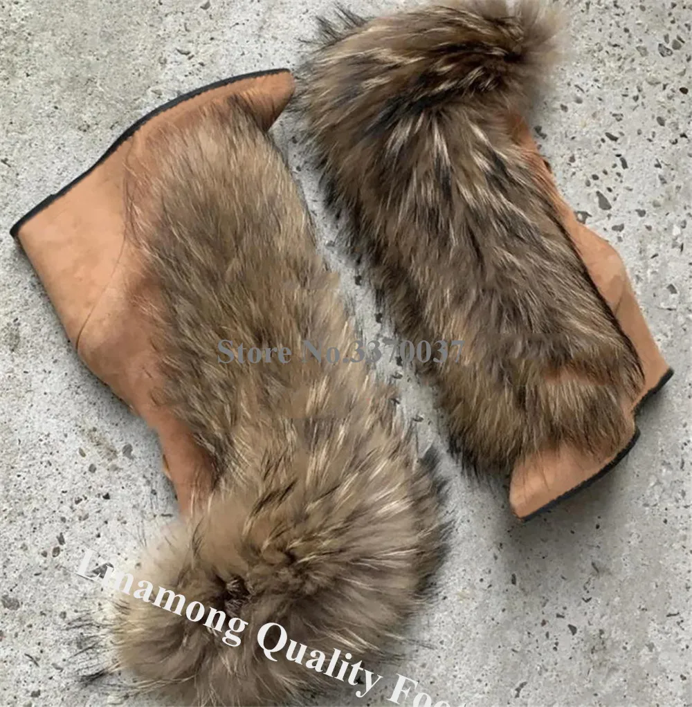 Linamong Newest Fur Fringes Mid-calf Wedge Boots Winter Sexy Pointed Toe Beige White Lace-up Warm Wedges Luxurious Boots