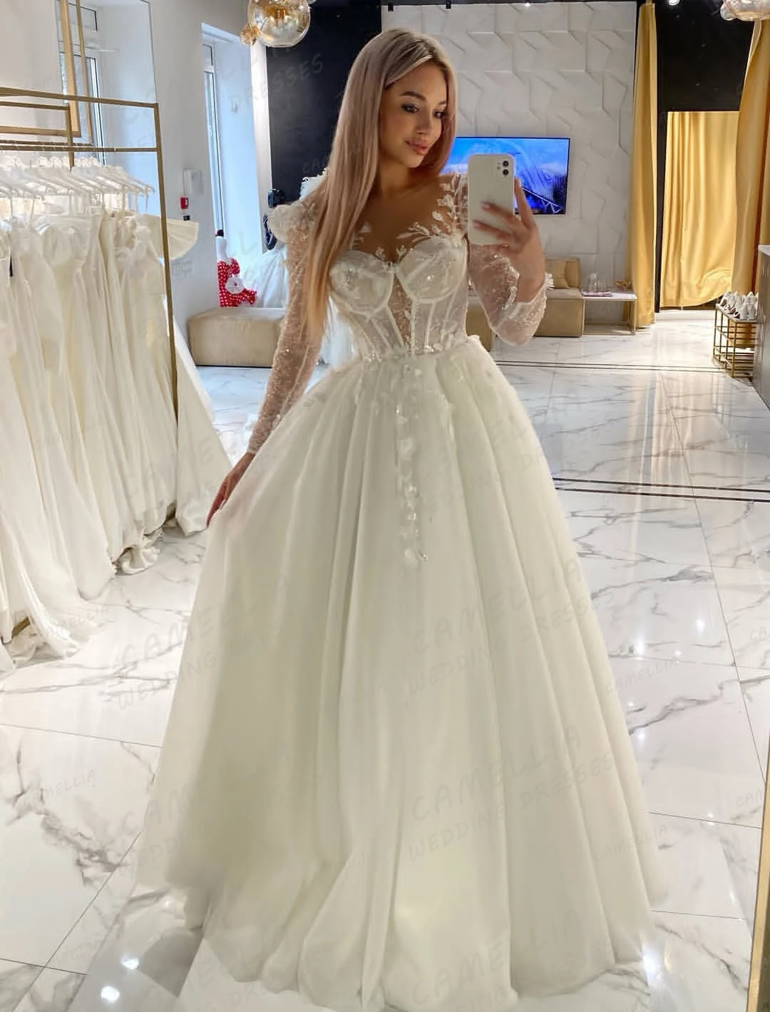 Vestidos de casamento simples querida feminino uma linha renda manga longa brilhante vestidos de noiva tule vestidos de novia festa personalizada
