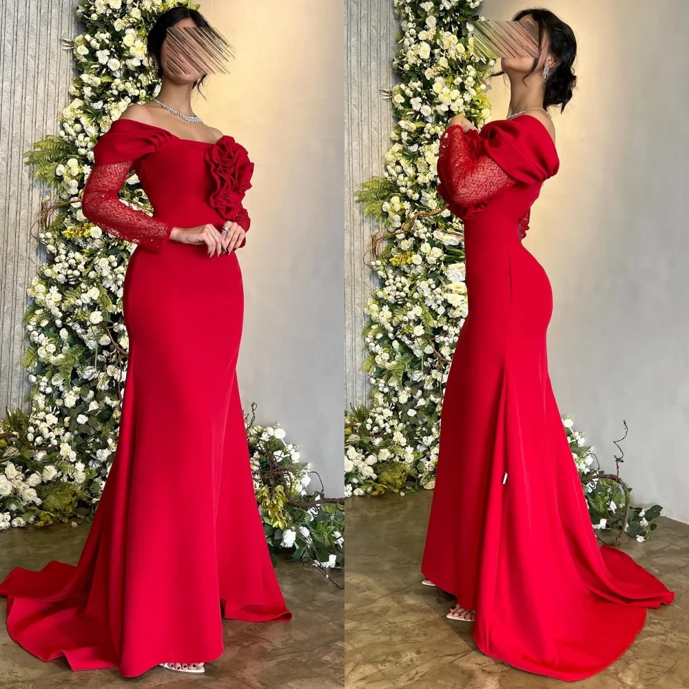 

Customized Chinese Style Jersey Flower Pleat Trumpet Off-the-shoulder Long Dresses Bespoke Occasion Pastrol