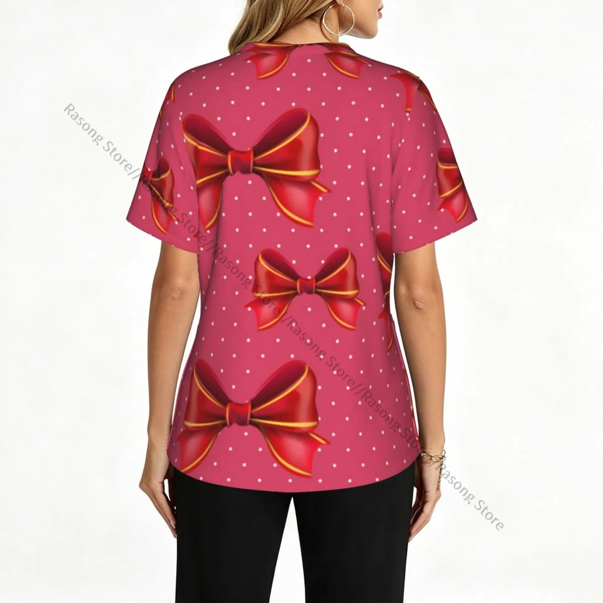 Women V Neck Scrub Top Red Bow Pattern Short Sleeve Nurse Hospital Uniforms Female Working Clothes with Pocket