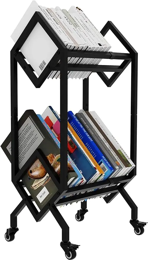 Bookshelf Book Rack Industrial Metal Bookcase 2 Tier Holder with Wheels Modern Stylish Design Magazines Files Album Rec