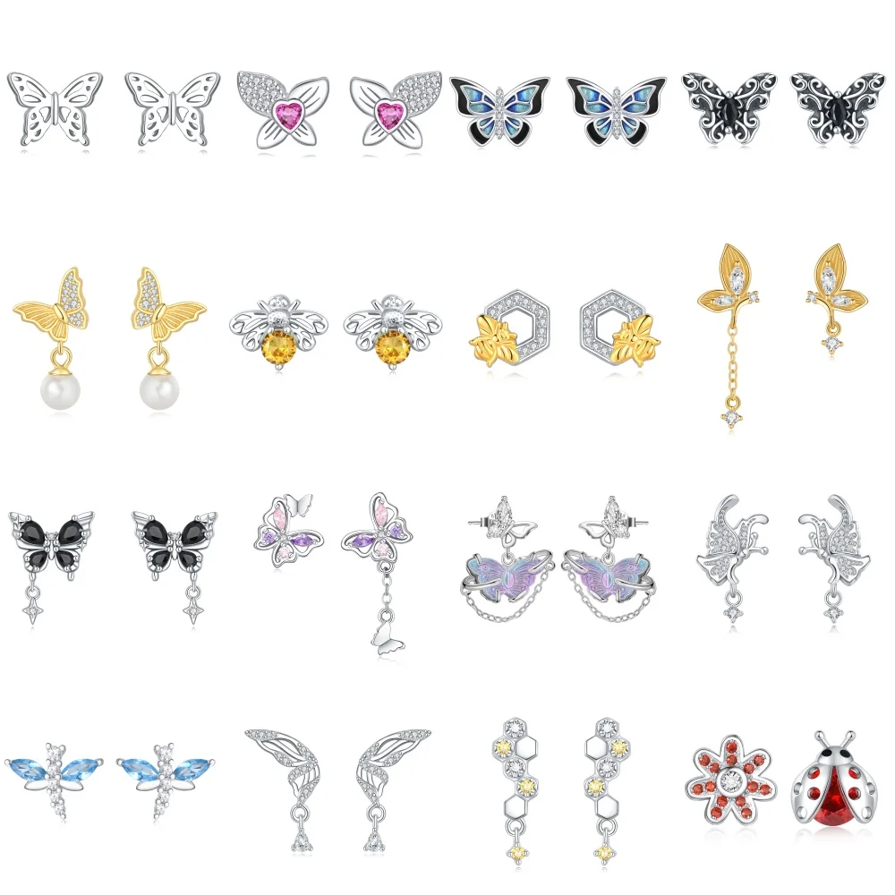 

925 Sterling Silver Butterflies Bees Insects Stud Earrings For Women Temperament Earring Wedding Jewelry Birthday Fine Gifts