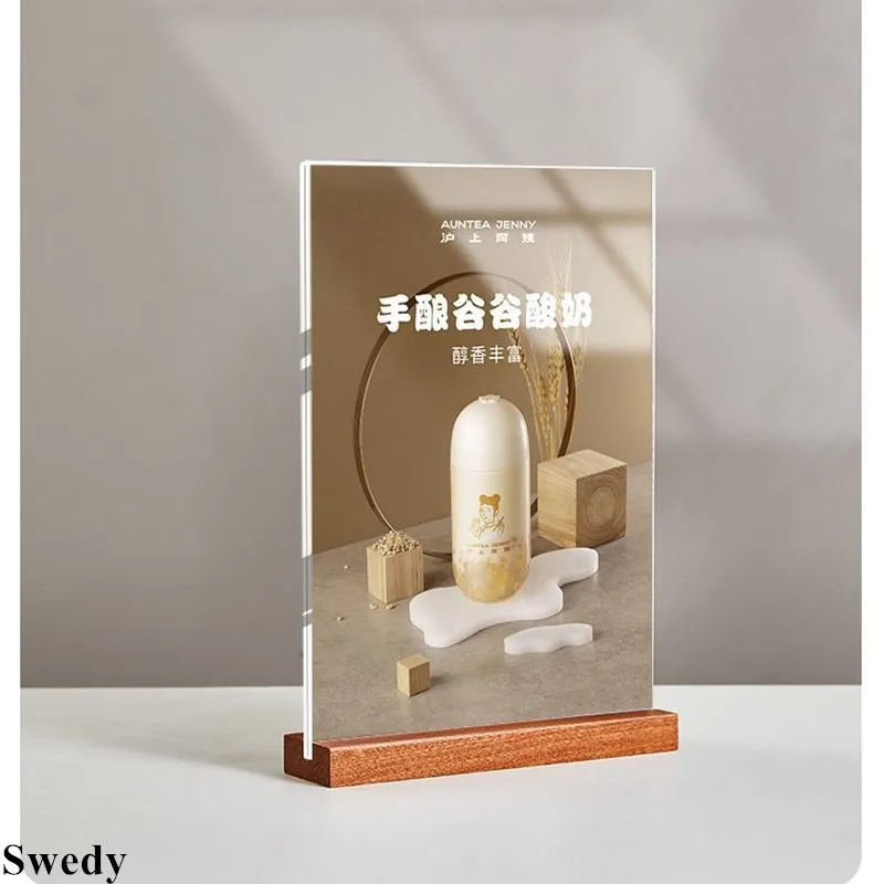 A4 210x297mm Wooden Advertising Restaurant Menu Paper Holder Stand Price Label Holder Acrylic Sign Holder Poster Display Stand