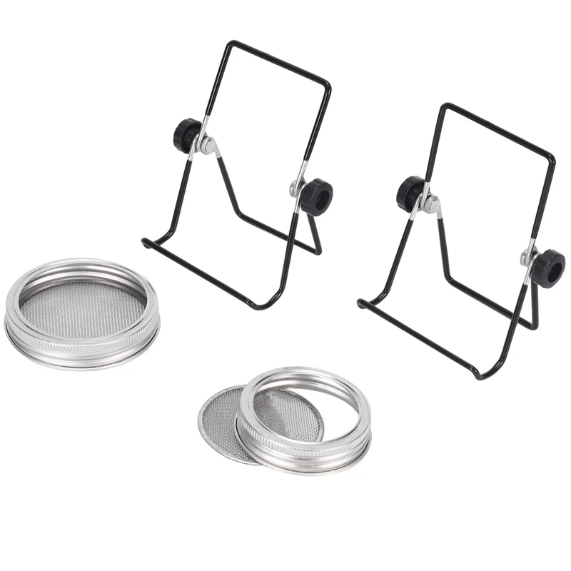 ABRB-Sprouting Jar Mesh Lids Kit - 4 Pcs Sprouting Lids Stainless Steel Screen 2 Sprouting Stands Pack Foldable Adjustable