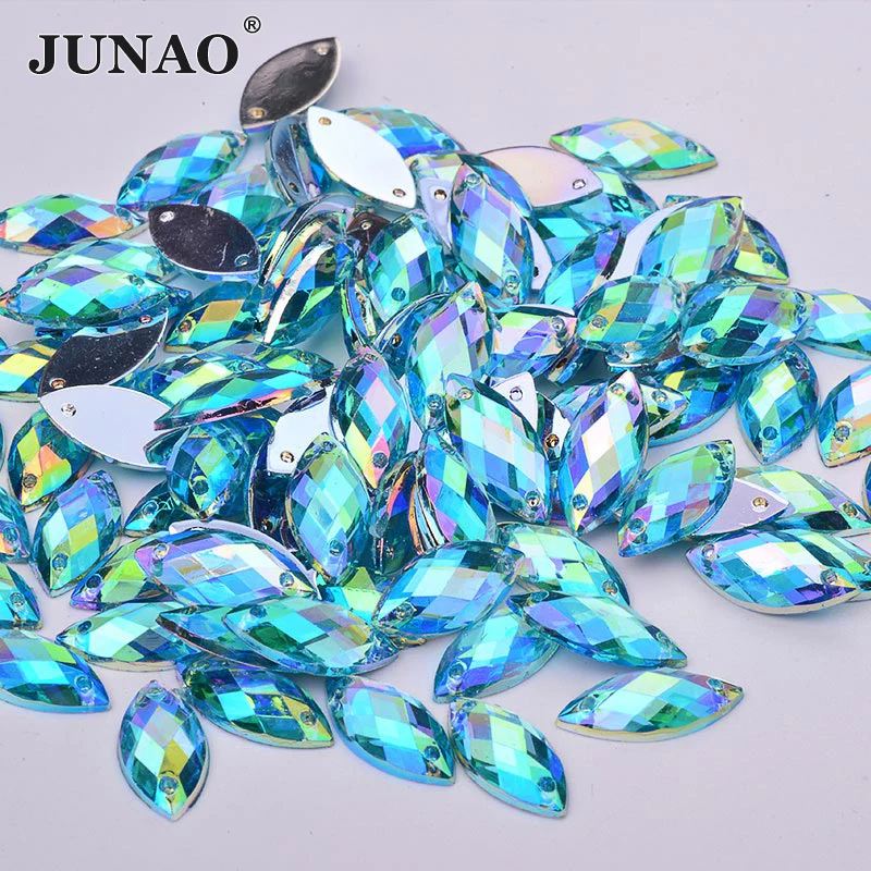 JUNAO 500Pcs 7*15mm Sewing Aquamarine AB Horse Eye Acrylic Rhinestones Leaf Shape Flat Back Strass Stone For Women Dress