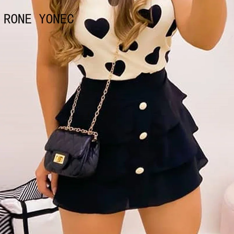 Women Print Heart Round Neck Top & Skirt Set Women Sweet Suit