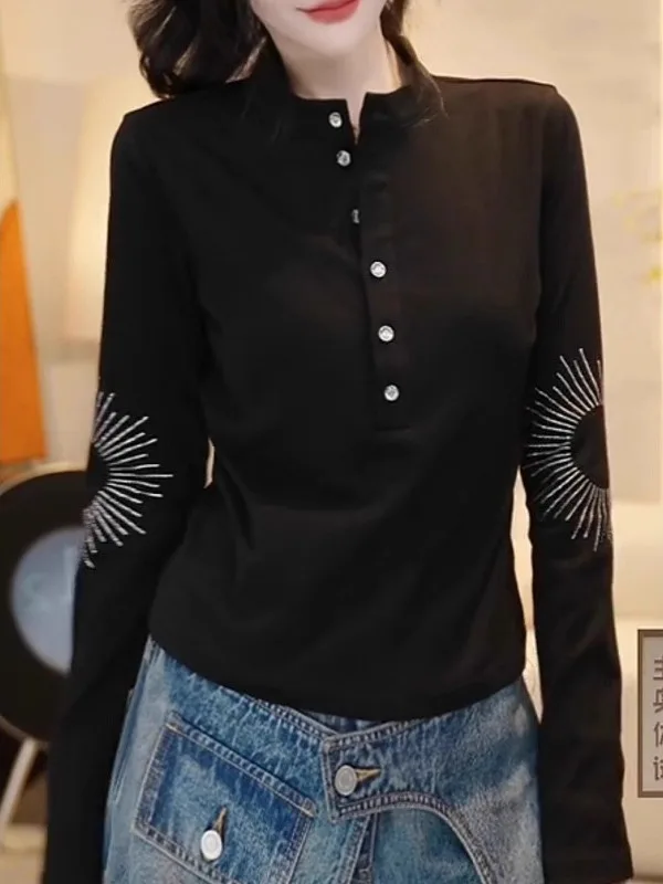 Ele plus size dames lange mouw T-shirt modieus open kraag basic shirt slip top voor het herfstseizoen