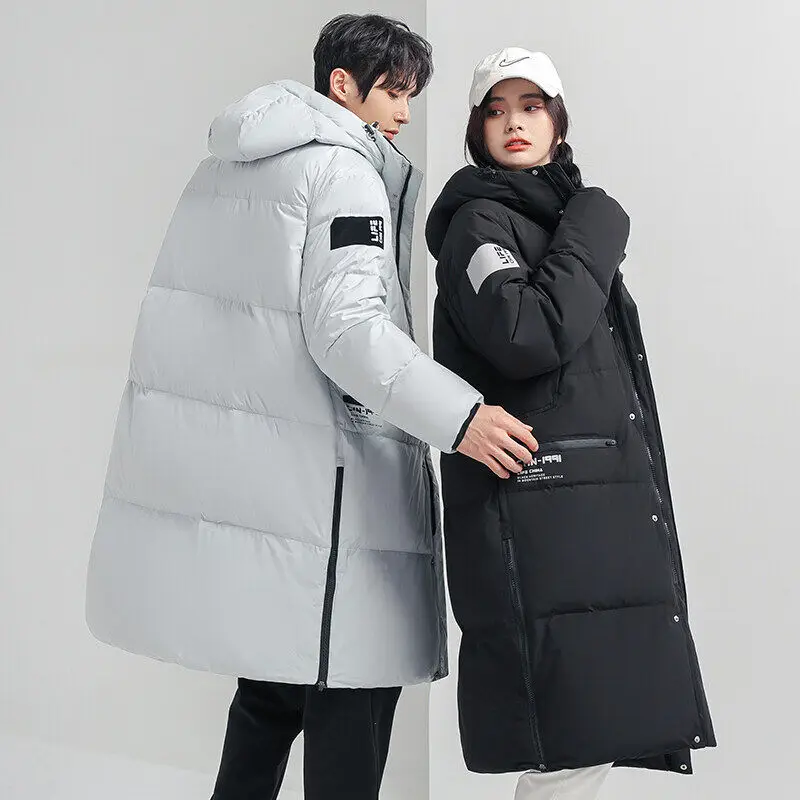 

-30° Winter Men's Long Down Jacket New Casual Solid Color Women Hooded White Duck Down Warm Parka Cold-proof Hooded Coat