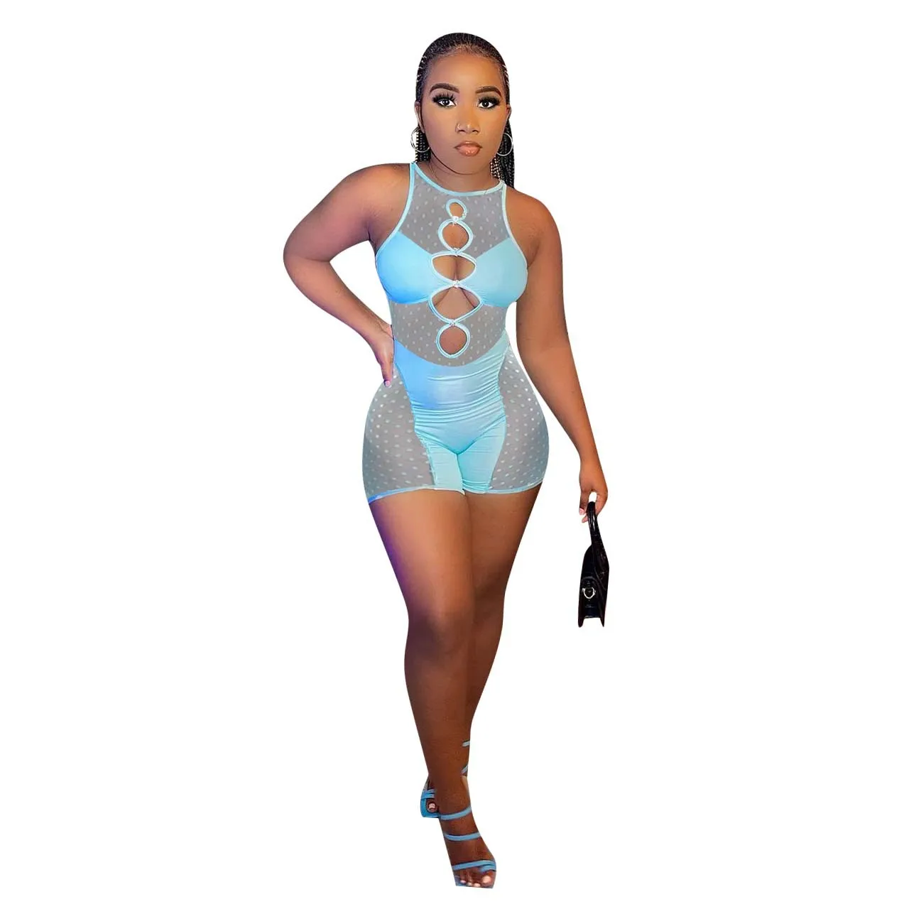 Fitness Rompers Jumpsuit Women 2022 Sexy Sheer Mesh Patchwork Playsuit Cut Out See Through Sleeveless Party Club outfit Overalls