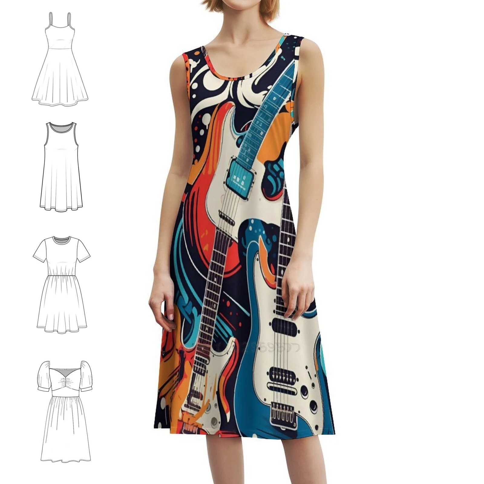 ملون الغيتار الكولاج خلفية خمر البوهيمي اللباس نفخة الأكمام أو خيارات بلا أكمام للنساء اللباس الغيتار الملونة #1