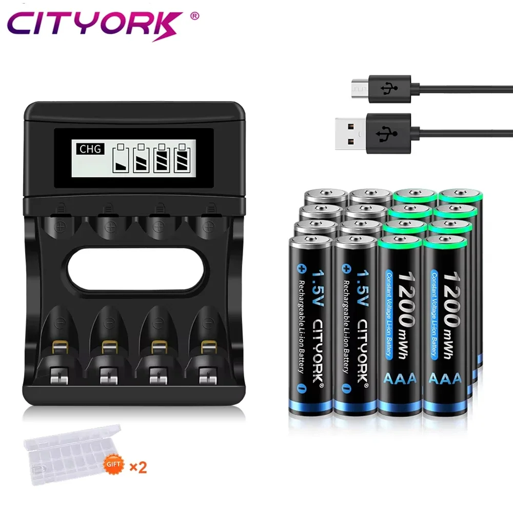 

CITYORK 1,5 В литий-ионный аккумулятор AAA, 1200 МВтч, 3 А, перезаряжаемые батареи + 4 слота, ЖК-USB-зарядное устройство для фонарика, мыши с дистанционным управлением