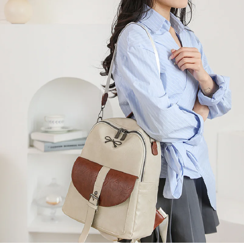 New Fashion Classical Soft Leather Double Zipper Shoulder Bags Women's Large Capacity School Bag Travel Backpacks Crossbody Bag