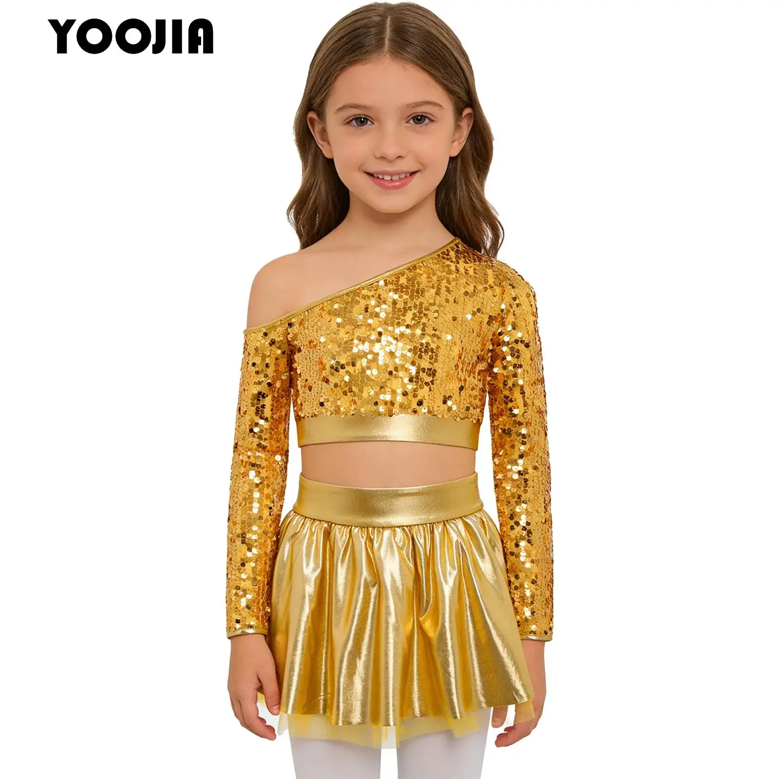 

Shiny 70s Disco Costume for Kids Girls Jazz Dance Outfit One Shoulder Sequins Crop Top with Metallic Tutu Skirt Cheerleading Set